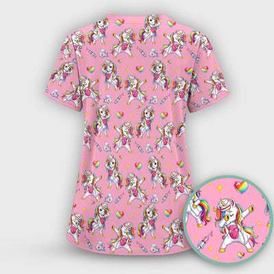 Playful Nurse Unicorn Rainbow Pattern Scrub Top, Comfortable Scrubs for Nurses