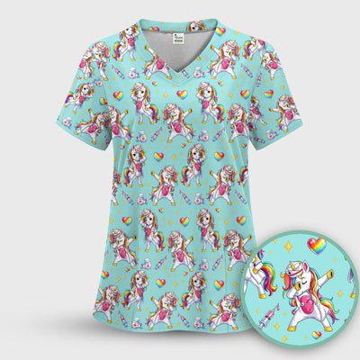 Playful Nurse Unicorn Rainbow Pattern Scrub Top, Comfortable Scrubs for Nurses