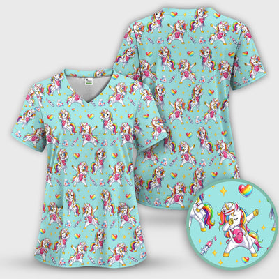 Playful Nurse Unicorn Rainbow Pattern Scrub Top, Comfortable Scrubs for Nurses