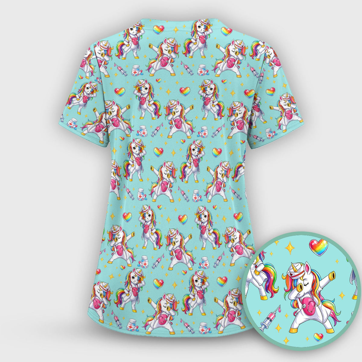 Playful Nurse Unicorn Rainbow Pattern Scrub Top, Comfortable Scrubs for Nurses