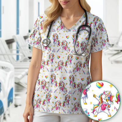 Playful Nurse Unicorn Rainbow Pattern Scrub Top, Comfortable Scrubs for Nurses