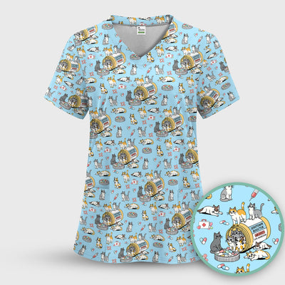 Cute Cat Serotonin Booster Pattern Scrub Top, Comfortable Scrubs for Nurses