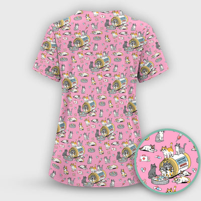 Cute Cat Serotonin Booster Pattern Scrub Top, Comfortable Scrubs for Nurses