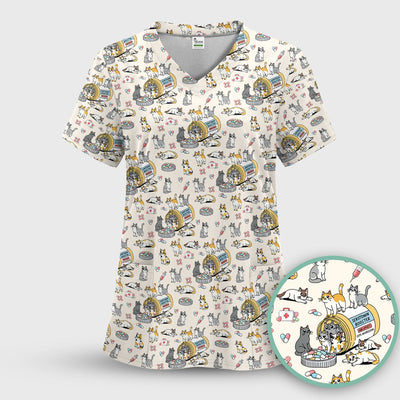 Cute Cat Serotonin Booster Pattern Scrub Top, Comfortable Scrubs for Nurses