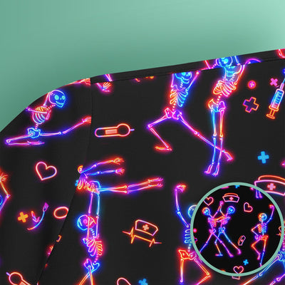 Neon Dancing Skeleton Medical Pattern Scrub Top, Comfortable Scrubs for Nurses