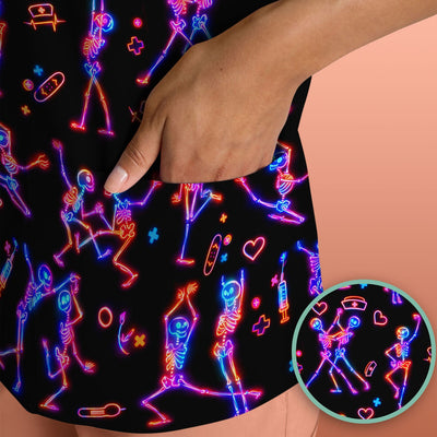 Neon Dancing Skeleton Medical Pattern Scrub Top, Comfortable Scrubs for Nurses