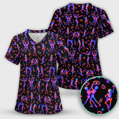Neon Dancing Skeleton Medical Pattern Scrub Top, Comfortable Scrubs for Nurses