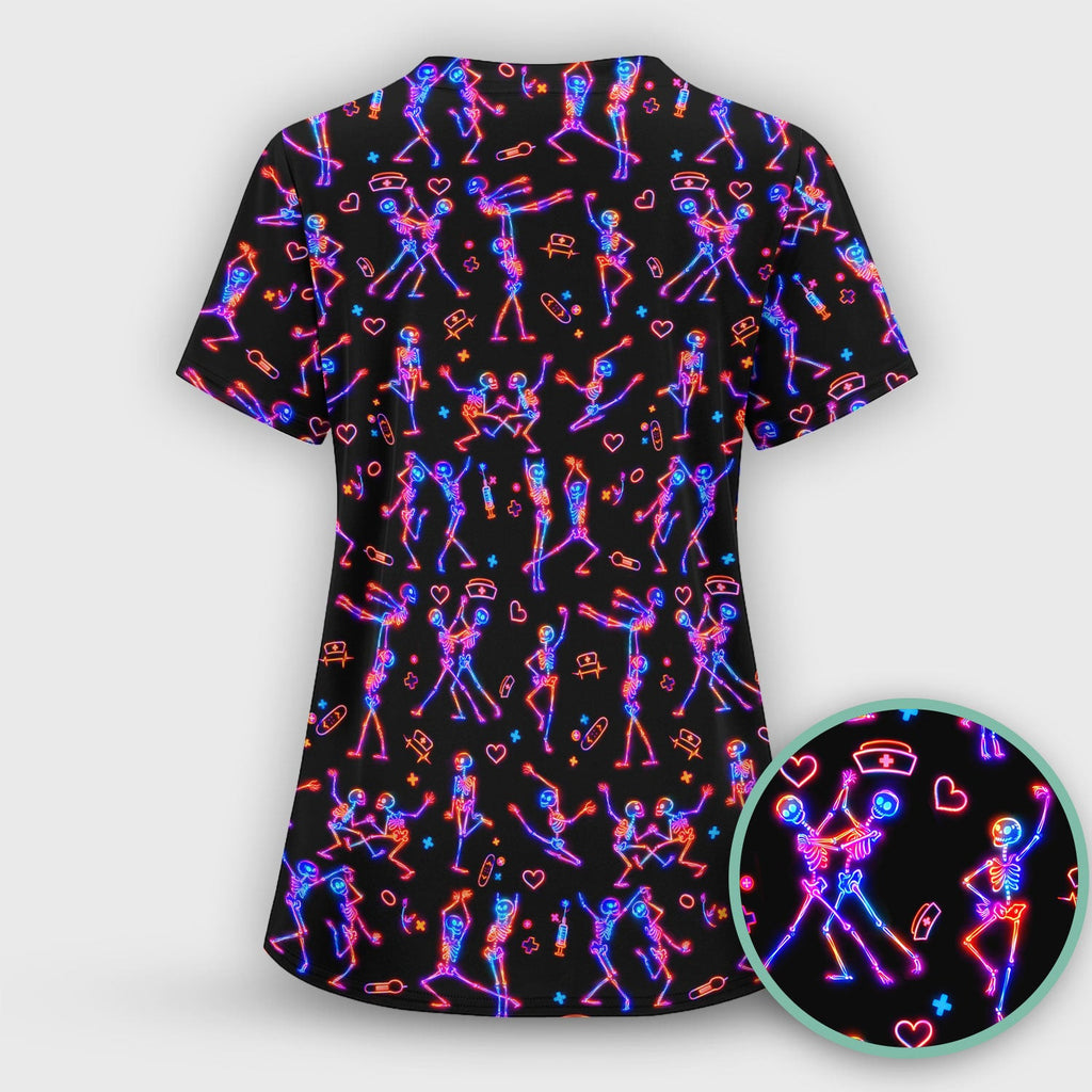 Neon Dancing Skeleton Medical Pattern Scrub Top, Comfortable Scrubs for Nurses