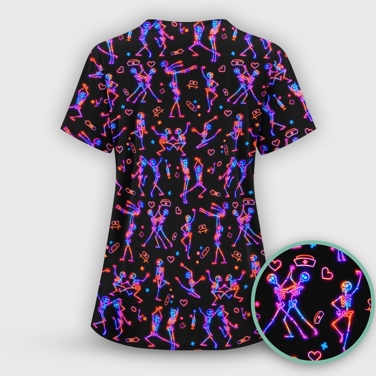 Neon Dancing Skeleton Medical Pattern Scrub Top, Comfortable Scrubs for Nurses