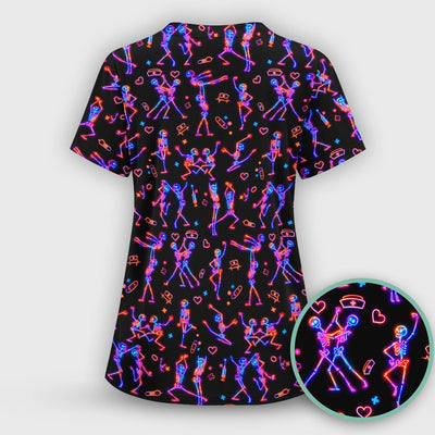 Neon Dancing Skeleton Medical Pattern Scrub Top, Comfortable Scrubs for Nurses