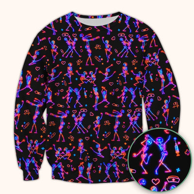 Neon Dancing Skeleton Medical Pattern Scrub Top, Comfortable Scrubs for Nurses