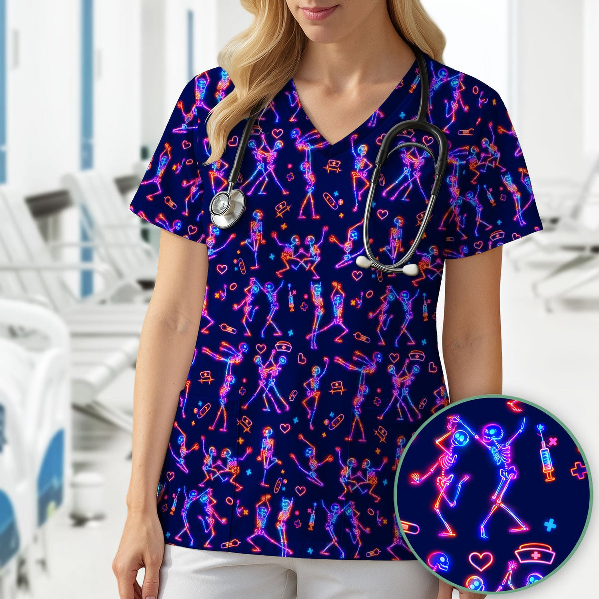 Neon Dancing Skeleton Medical Pattern Scrub Top, Comfortable Scrubs for Nurses