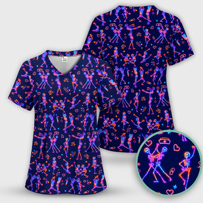 Neon Dancing Skeleton Medical Pattern Scrub Top, Comfortable Scrubs for Nurses