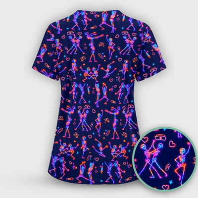 Neon Dancing Skeleton Medical Pattern Scrub Top, Comfortable Scrubs for Nurses