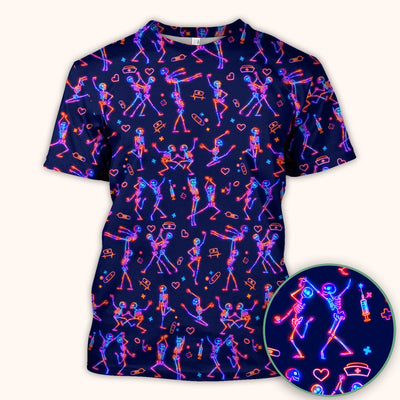 Neon Dancing Skeleton Medical Pattern Scrub Top, Comfortable Scrubs for Nurses