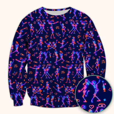 Neon Dancing Skeleton Medical Pattern Scrub Top, Comfortable Scrubs for Nurses