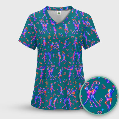 Neon Dancing Skeleton Medical Pattern Scrub Top, Comfortable Scrubs for Nurses