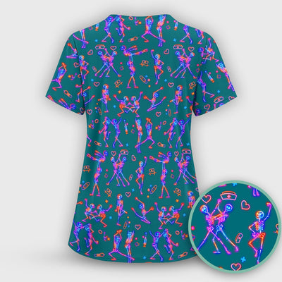 Neon Dancing Skeleton Medical Pattern Scrub Top, Comfortable Scrubs for Nurses