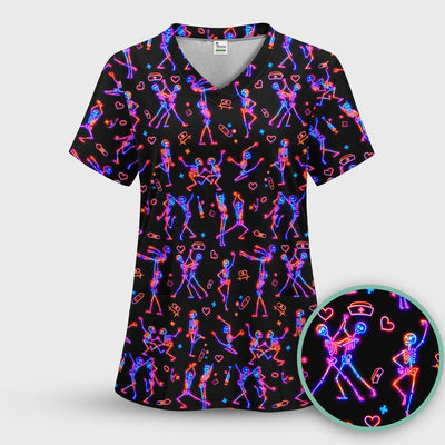 Neon Dancing Skeleton Medical Pattern Scrub Top, Comfortable Scrubs for Nurses