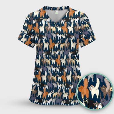 Whimsical Multicolor Cat Cartoon Pattern Scrub Top, Comfortable Scrubs for Nurses