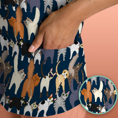 Whimsical Multicolor Cat Cartoon Pattern Scrub Top, Comfortable Scrubs for Nurses
