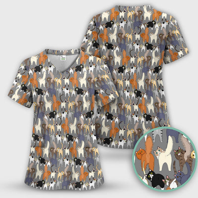 Whimsical Multicolor Cat Cartoon Pattern Scrub Top, Comfortable Scrubs for Nurses
