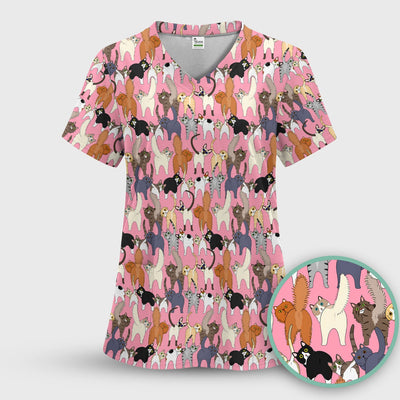 Whimsical Multicolor Cat Cartoon Pattern Scrub Top, Comfortable Scrubs for Nurses