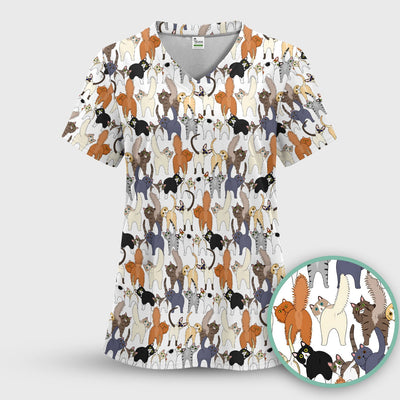 Whimsical Multicolor Cat Cartoon Pattern Scrub Top, Comfortable Scrubs for Nurses