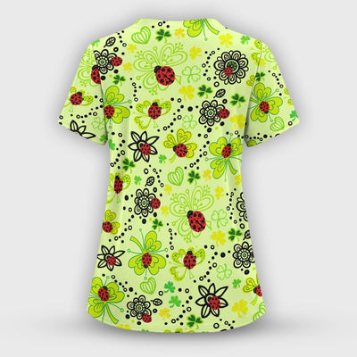 Ladybug Clover Floral Pattern Print Scrubs Nurses, Breathable Fabrics Nursing Uniform