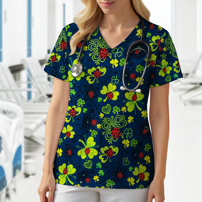 Ladybug Clover Floral Pattern Print Scrubs Nurses, Breathable Fabrics Nursing Uniform