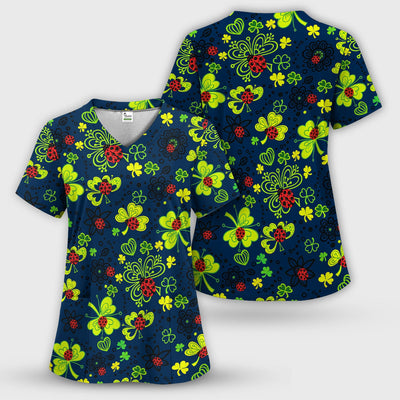 Ladybug Clover Floral Pattern Print Scrubs Nurses, Breathable Fabrics Nursing Uniform