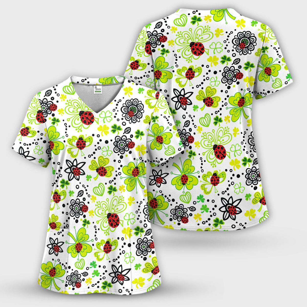 Ladybug Clover Floral Pattern Print Scrubs Nurses, Breathable Fabrics Nursing Uniform