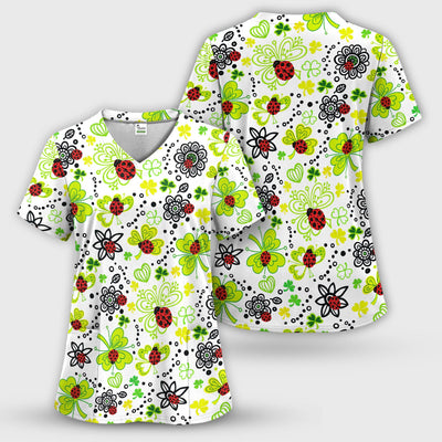 Ladybug Clover Floral Pattern Print Scrubs Nurses, Breathable Fabrics Nursing Uniform