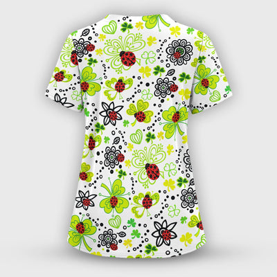 Ladybug Clover Floral Pattern Print Scrubs Nurses, Breathable Fabrics Nursing Uniform