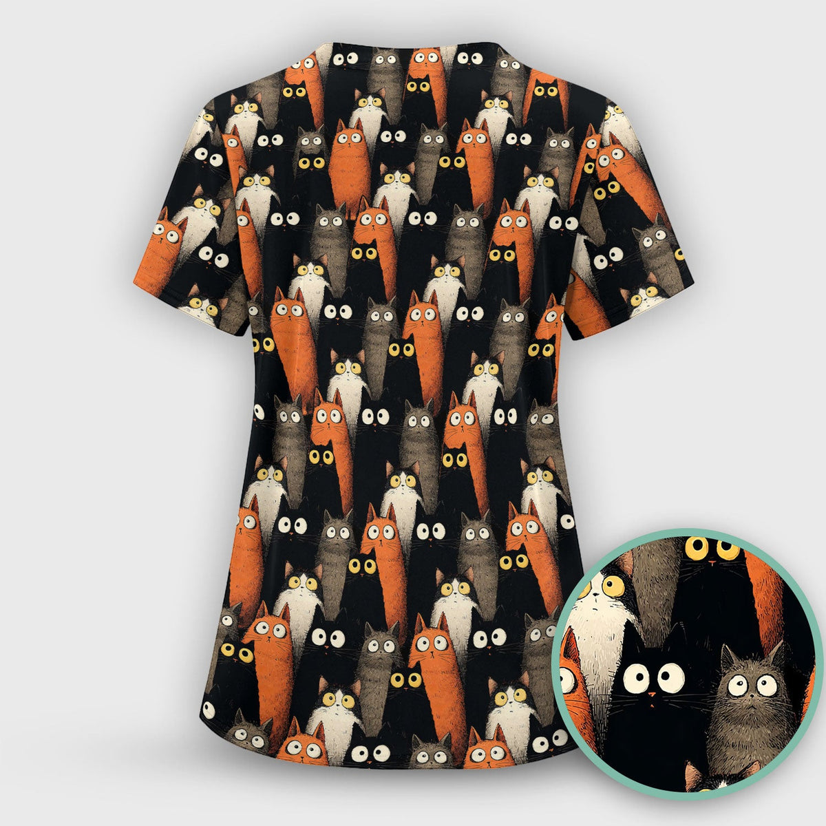 Black Cat Pattern Nurse Scrub Top, Cat Lover Nurse Shirt, Breathable Fabrics Nursing Uniform