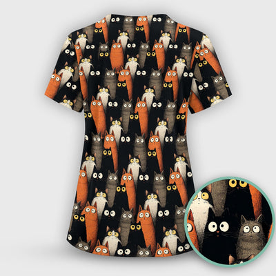 Black Cat Pattern Nurse Scrub Top, Cat Lover Nurse Shirt, Breathable Fabrics Nursing Uniform