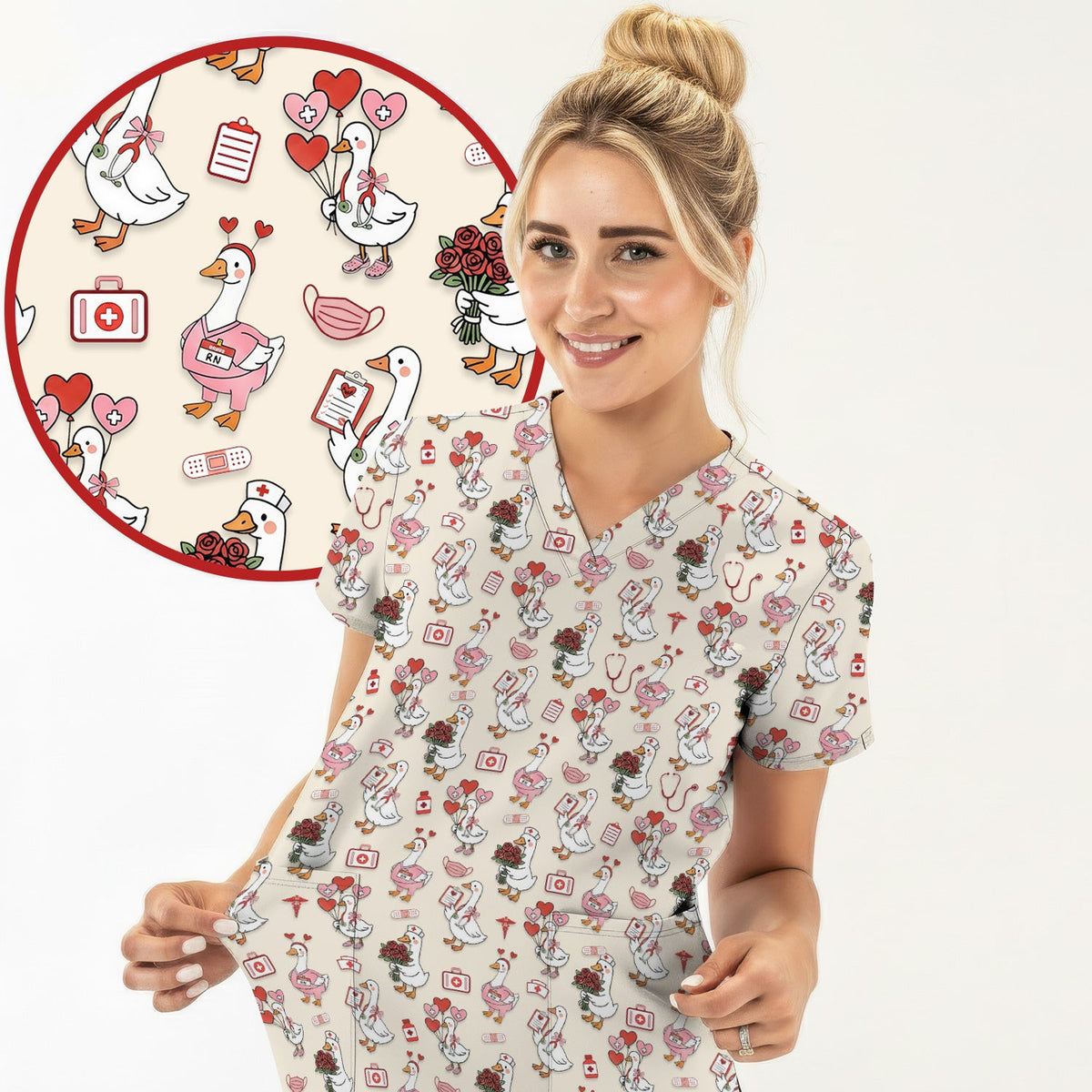 Cute Goose Nurse Medical Pattern Scrub Top, Comfortable Scrubs for Nurses