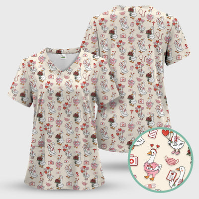 Cute Goose Nurse Medical Pattern Scrub Top, Comfortable Scrubs for Nurses