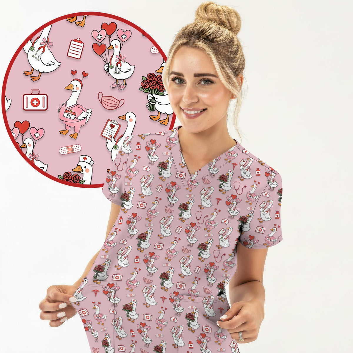 Cute Goose Nurse Medical Pattern Scrub Top, Comfortable Scrubs for Nurses