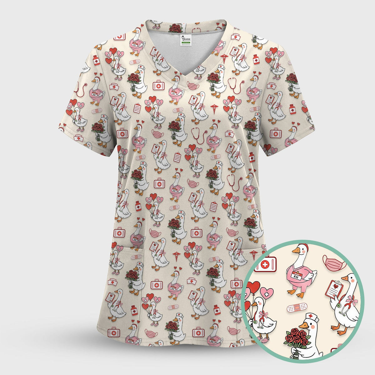 Cute Goose Nurse Medical Pattern Scrub Top, Comfortable Scrubs for Nurses