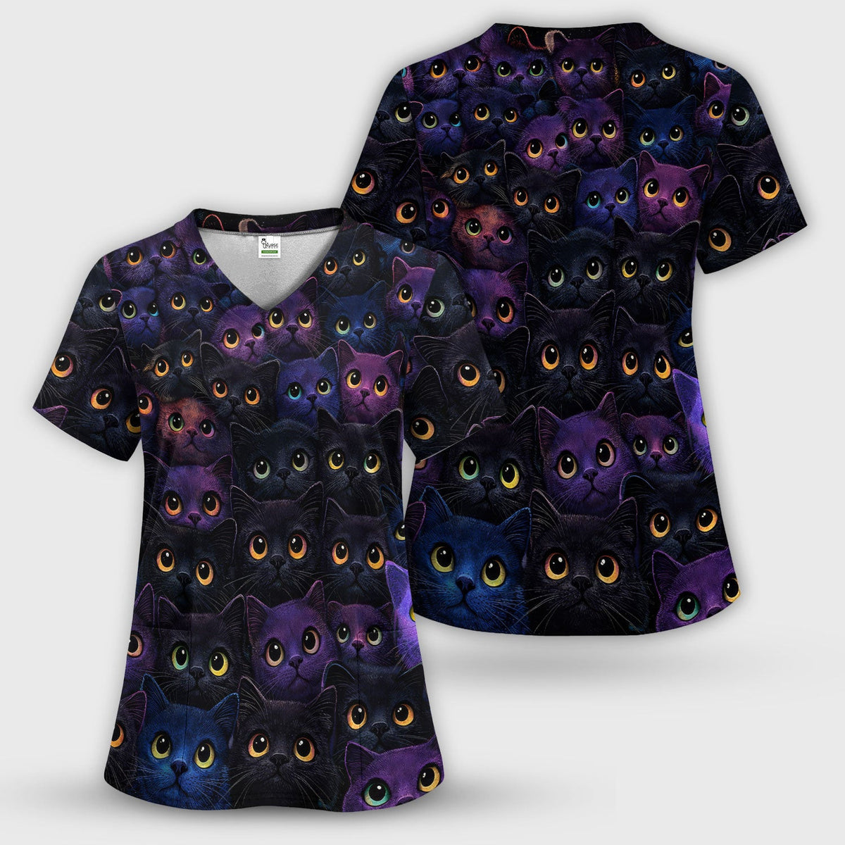 Cute Cat Eyes Pattern Scrub Top for Nurses, Breathable Fabrics Nursing Uniform