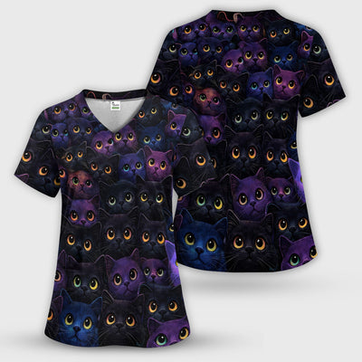 Cute Cat Eyes Pattern Scrub Top for Nurses, Breathable Fabrics Nursing Uniform