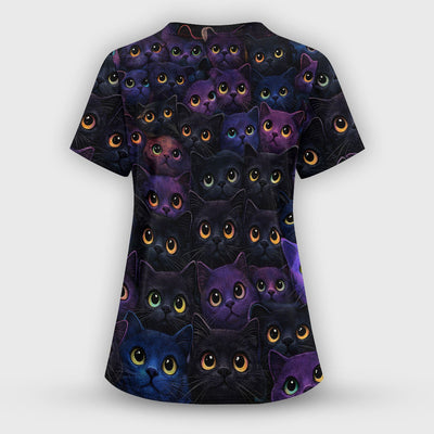 Cute Cat Eyes Pattern Scrub Top for Nurses, Breathable Fabrics Nursing Uniform