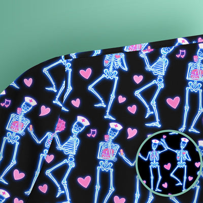 Skeleton Nurse Heart Pattern Scrub Top, Playful Nurse Style, Breathable Fabrics Nursing Uniform, Valentine