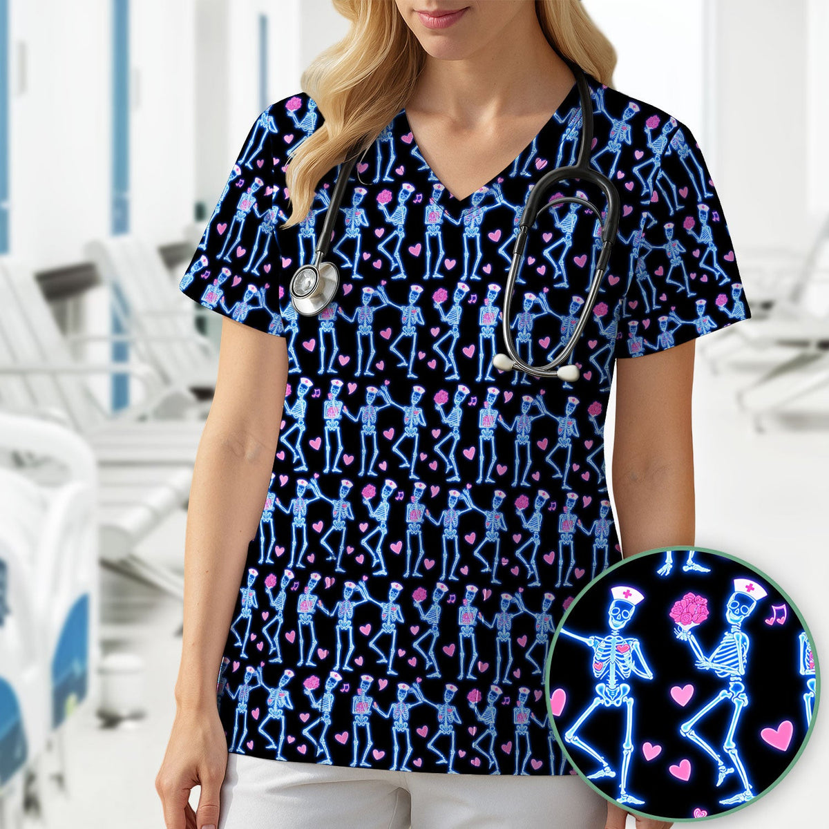 Skeleton Nurse Heart Pattern Scrub Top, Playful Nurse Style, Breathable Fabrics Nursing Uniform, Valentine