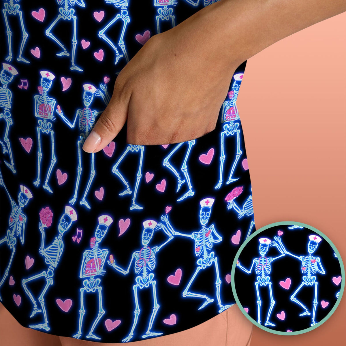 Skeleton Nurse Heart Pattern Scrub Top, Playful Nurse Style, Breathable Fabrics Nursing Uniform, Valentine