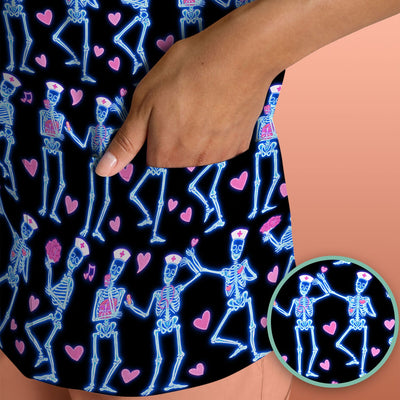 Skeleton Nurse Heart Pattern Scrub Top, Playful Nurse Style, Breathable Fabrics Nursing Uniform, Valentine