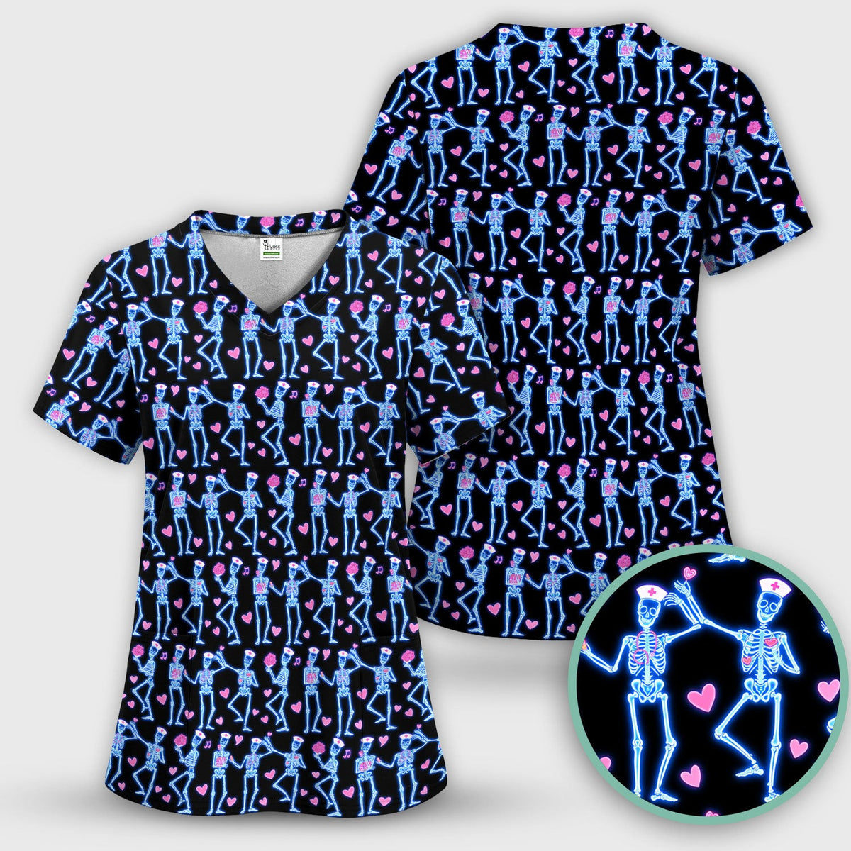 Skeleton Nurse Heart Pattern Scrub Top, Playful Nurse Style, Breathable Fabrics Nursing Uniform, Valentine