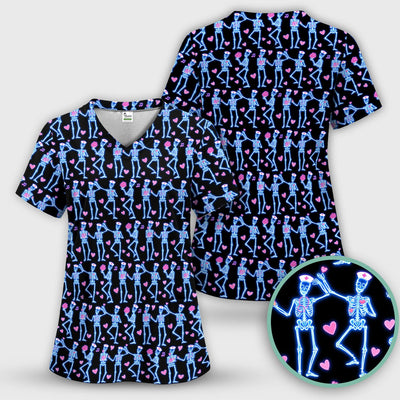 Skeleton Nurse Heart Pattern Scrub Top, Playful Nurse Style, Breathable Fabrics Nursing Uniform, Valentine