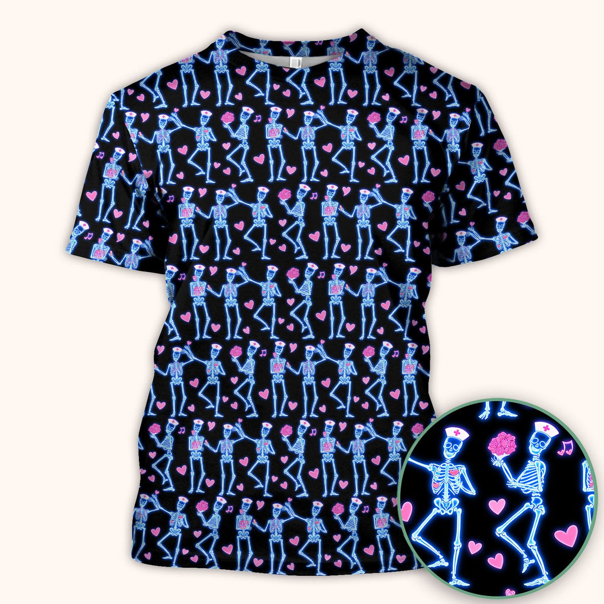 Skeleton Nurse Heart Pattern Scrub Top, Playful Nurse Style, Breathable Fabrics Nursing Uniform, Valentine